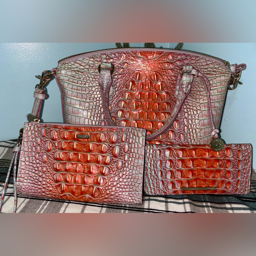 Brahmin Dutchbury Satchel Purse, Daisy Wristlet & Addy Wallet.